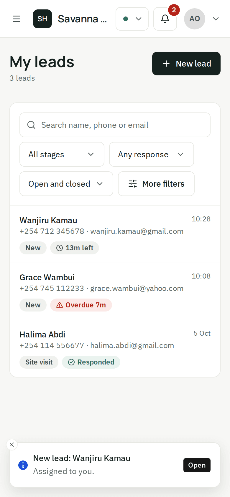 An agent's phone showing their leads and a notification: new lead assigned to you