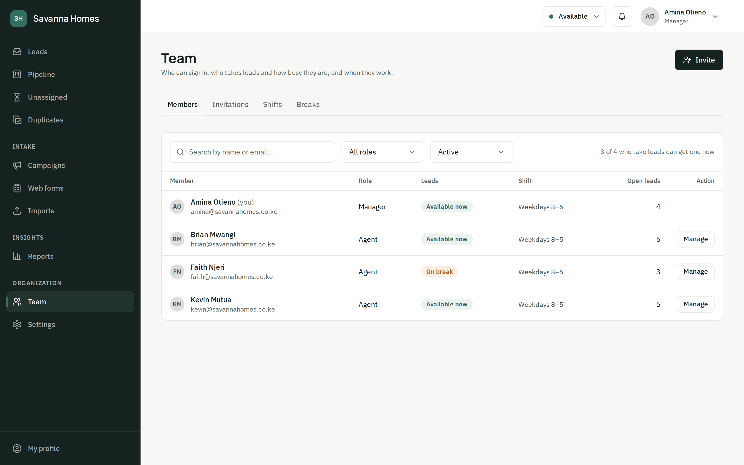 The team page: each agent with their shift, whether they can take leads now and how many they have open